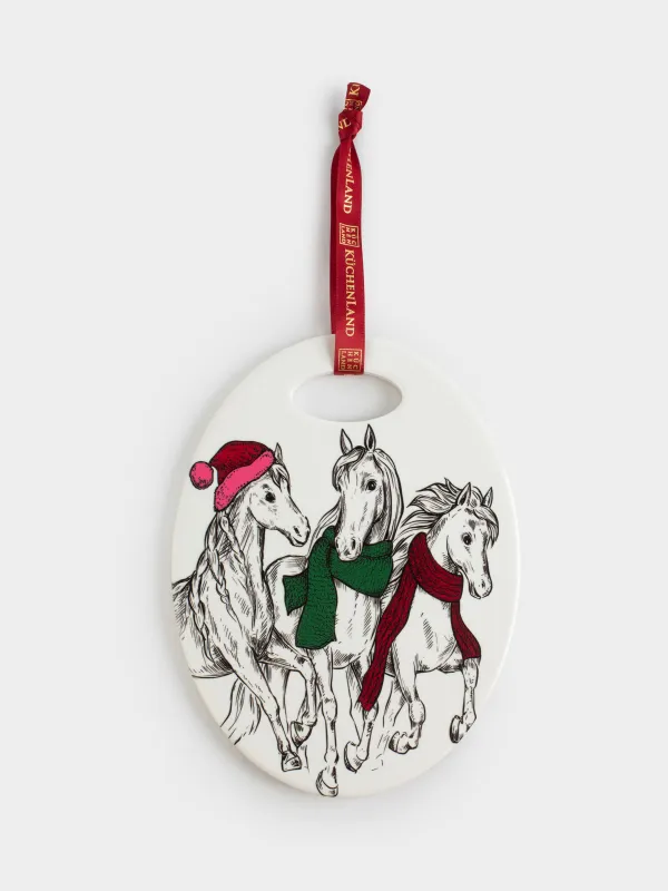 Подставка под горячее, 15x20 см, керамика/пробка, овальная, белая, Лошади в шарфах, Horse trio, image-0