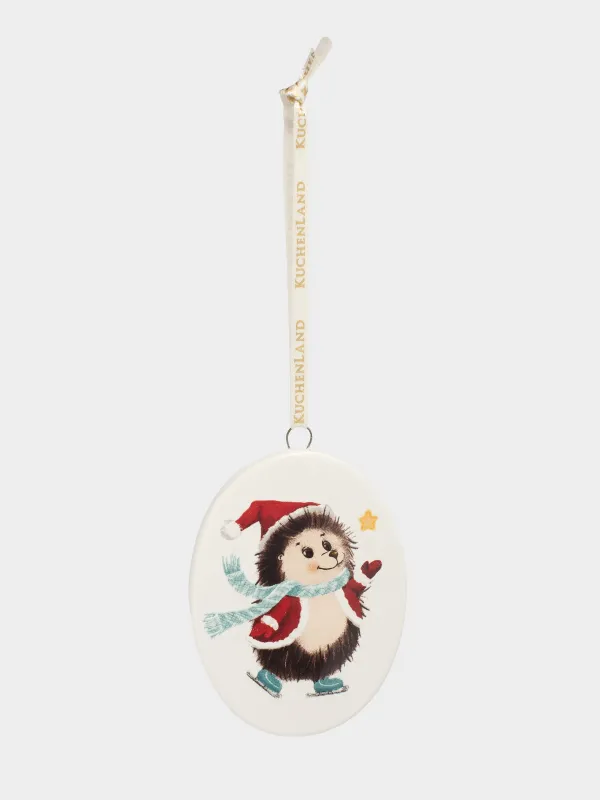 Игрушка елочная, 8 см, керамика, белая, Еж на коньках, Hedgehog christmas, image-0