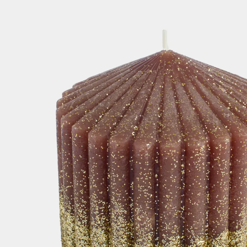 Свеча, 10 см, цилиндрическая, с блестками, коричнево-золотистая, Ribbed candle, image-4