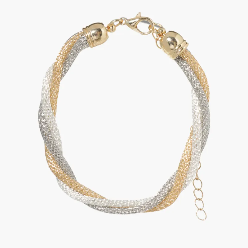 Браслет, 24 см, тройной, металл, золотисто-серебристый, Жгут, Flagel