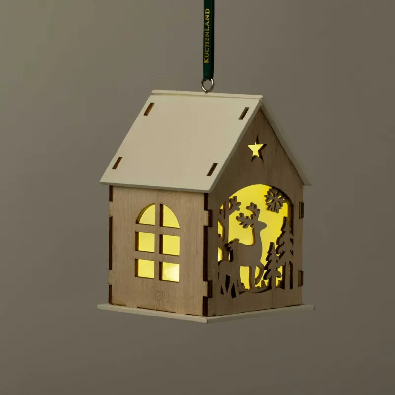 Игрушка елочная, 11 см, с подсветкой, МДФ, бежевая, Домик с оленями, Figure wood