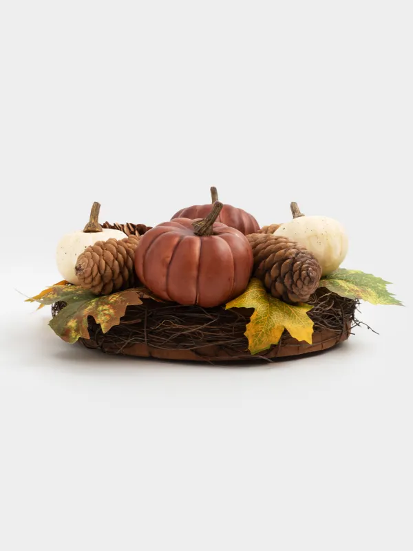 Венок декоративный, 21 см, Тыквы с шишками и листьями, Autumn fusion, image-2