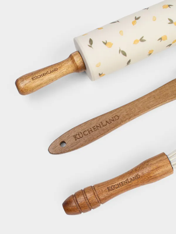 Набор для выпечки, 3 пр, лопатка/венчик/скалка, силикон/дерево, голубой/желтый, Лимоны, Sicily, image-3