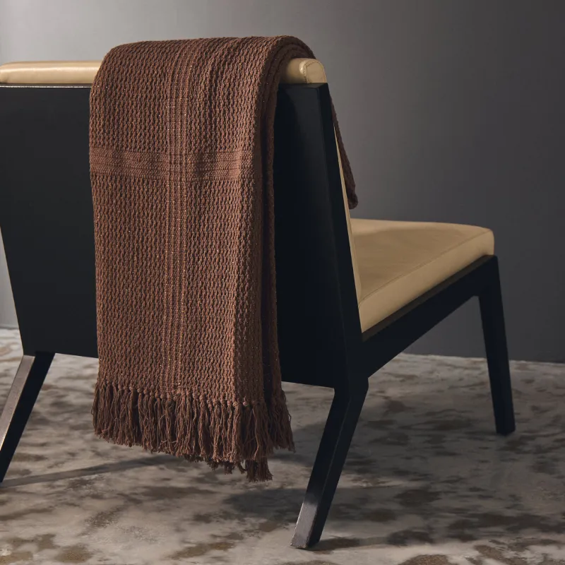 Плед, 130x170 см, с бахромой, хлопок/люрекс, коричневый, Клетка, Strike