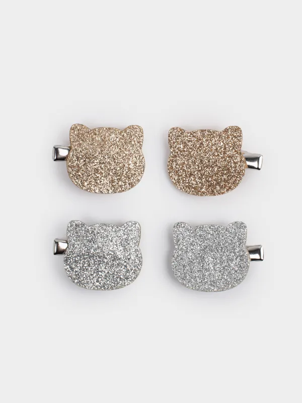 Набор заколок для волос, 3 см, 4 шт, детский, металл, серебристый/шампань, Кот, Cat, image-0