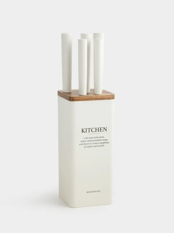 Набор ножей, 5 пр, в подставке, сталь/пластик, молочный, Course, image-0