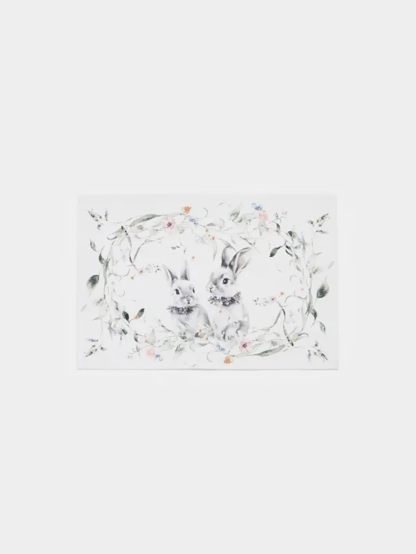 Салфетка под приборы, 30х45 см, полиэстер, белая, Кролики и цветы, Rabbits in flower, image-0