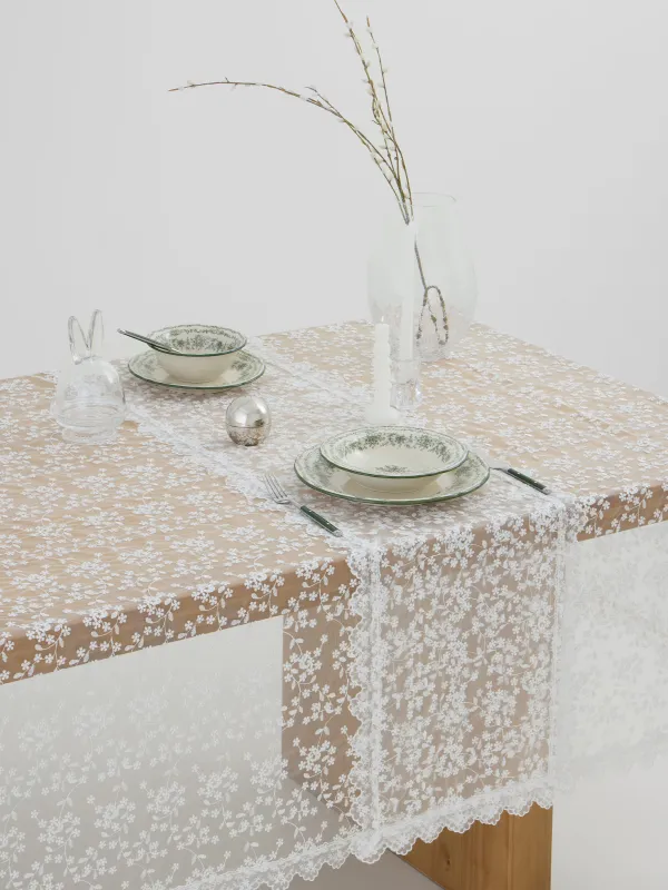 Дорожка настольная, 40х160 см, с кружевом, полиэстер, белая, Ажурные цветы, Lace flowers, image-4