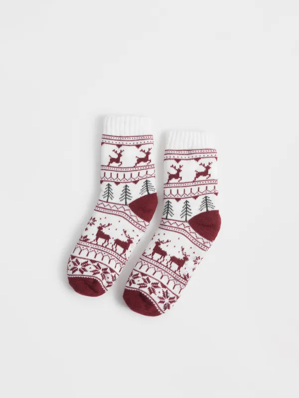 Носки домашние, молочно-бордовые, Зимний узор, Hot winter, image-0