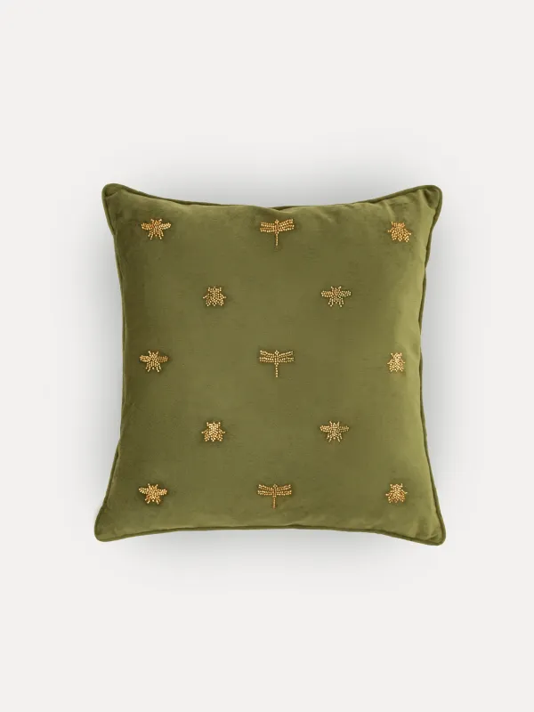 Подушка декоративная, 45х45 см, вельвет/бисер, зеленая, Стрекозы и жуки, Bugs, image-0