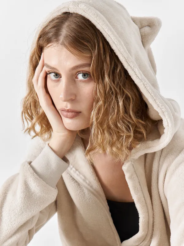 Комбинезон женский, домашний, с капюшоном, флис, серый, Кот, Annie, image-3