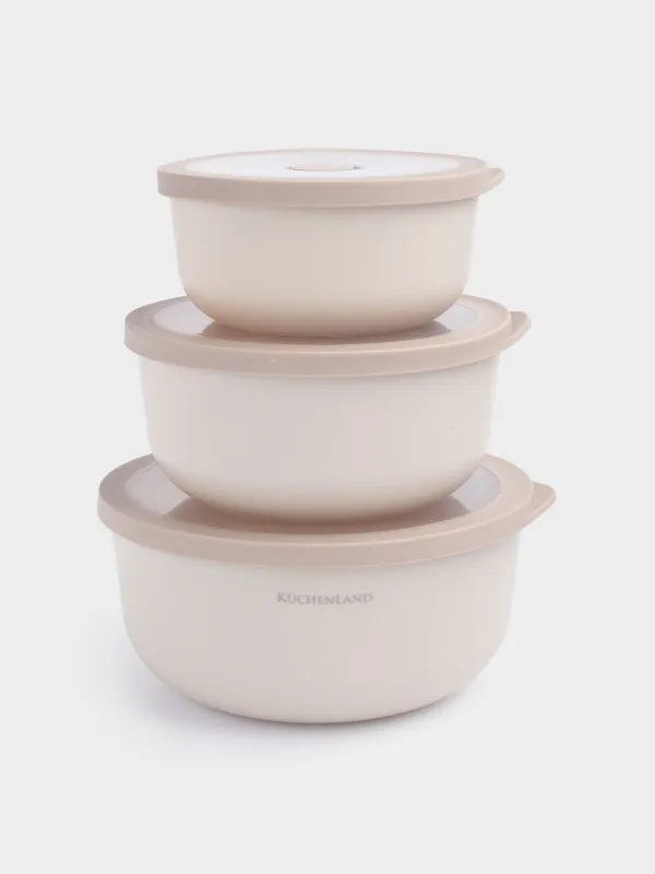 Набор мисок, 3 шт, с крышкой, пластик/силикон, бежевый, Galori, image-0