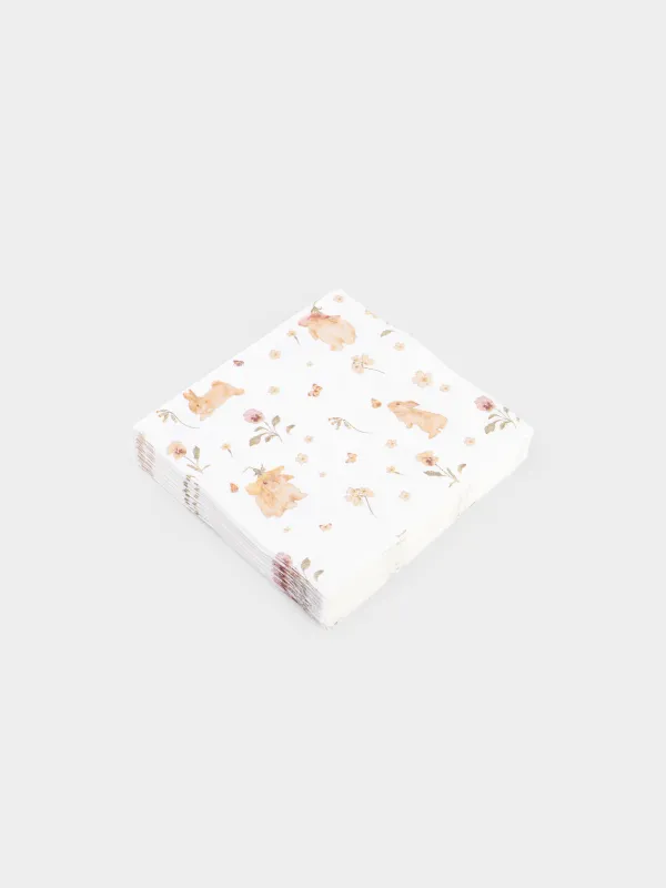 Салфетки бумажные, 33х33 см, 20 шт, квадратные, белые, Кролики и цветы, Easter, image-1