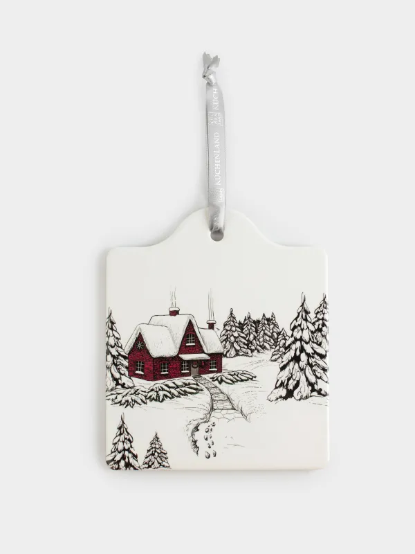 Подставка под горячее, 16х19 см, керамика/пробка, белая, Дом в снегу, Forest house, image-0