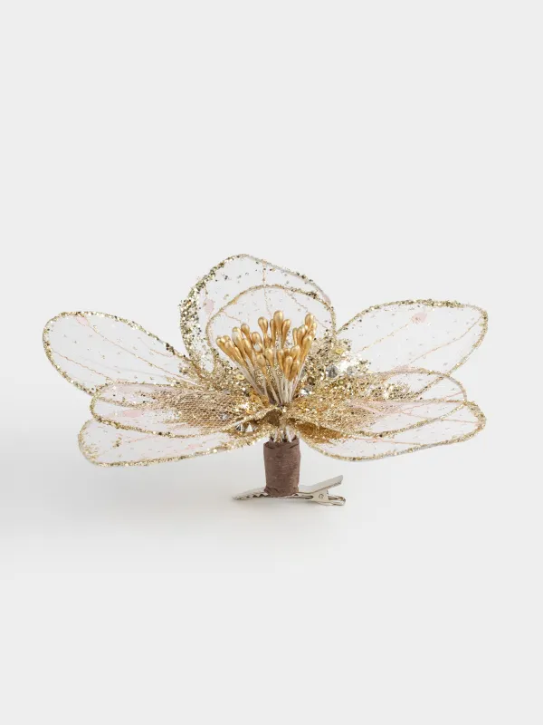 Украшение декоративное, 18 см, на клипсе, полиэстер/пенопласт, золотистое, Цветок, Figure sparkle, image-0
