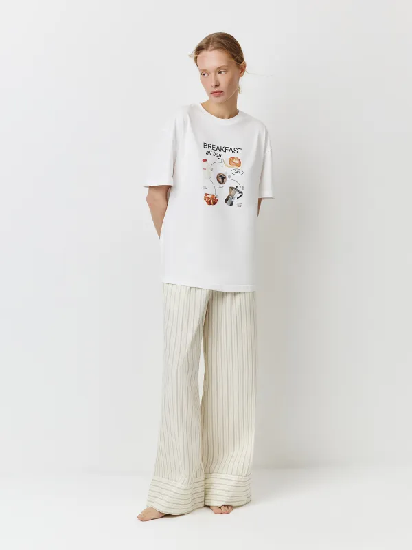 Брюки женские, домашние. р. S, хлопок, белые, Полоска, Alvida, image-0