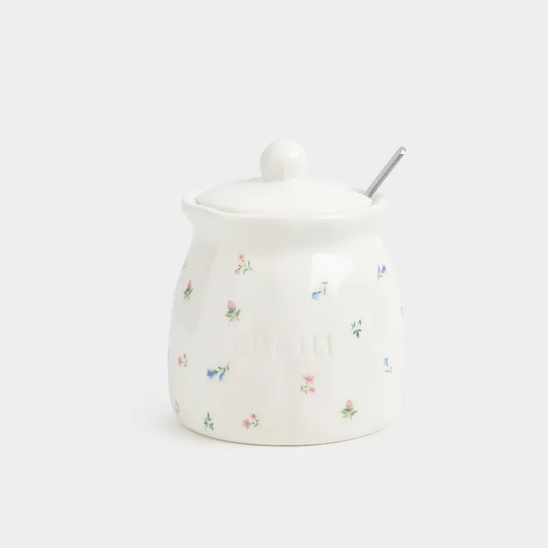 Сахарница, 12 см, 340 мл, с ложкой, керамика D/сталь, молочная, Нежные цветы, El flora