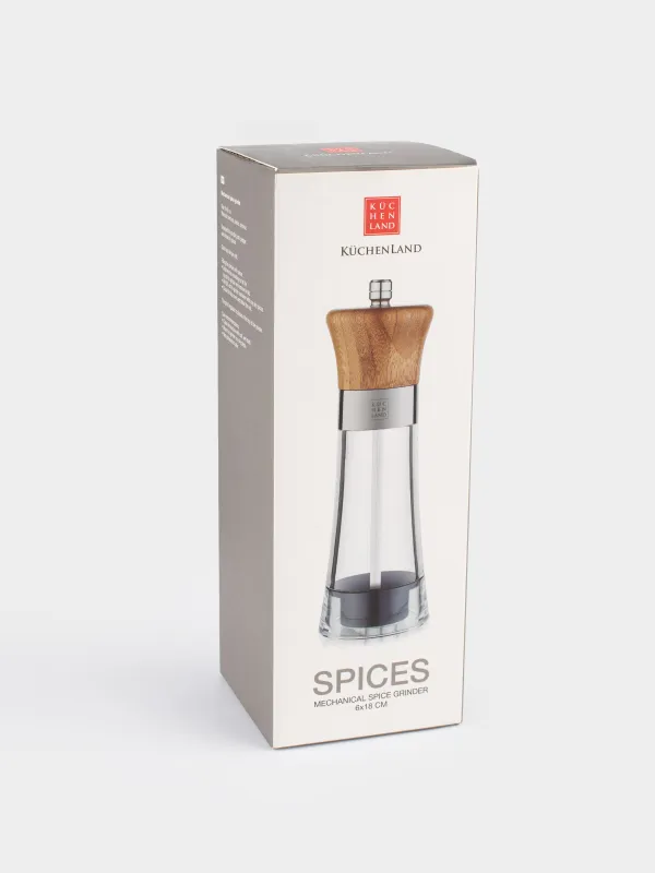 Мельница для специй, 18 см, механическая, бамбук/акрил, Seasoning W, image-3