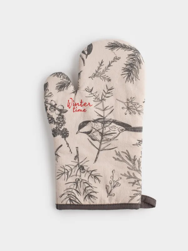 Прихватка-варежка, 18x30 см, хлопок, серо-бежевая, Снегири на ветках, Bullfinchs, image-0