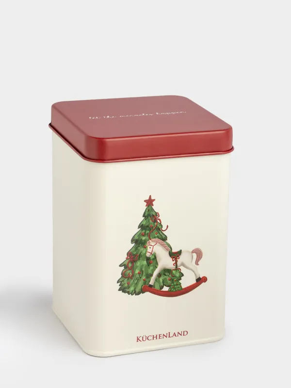 Банка для сыпучих продуктов, 1 л, металл, прямоугольная, Елка с лошадкой, Christmas tree, image-4