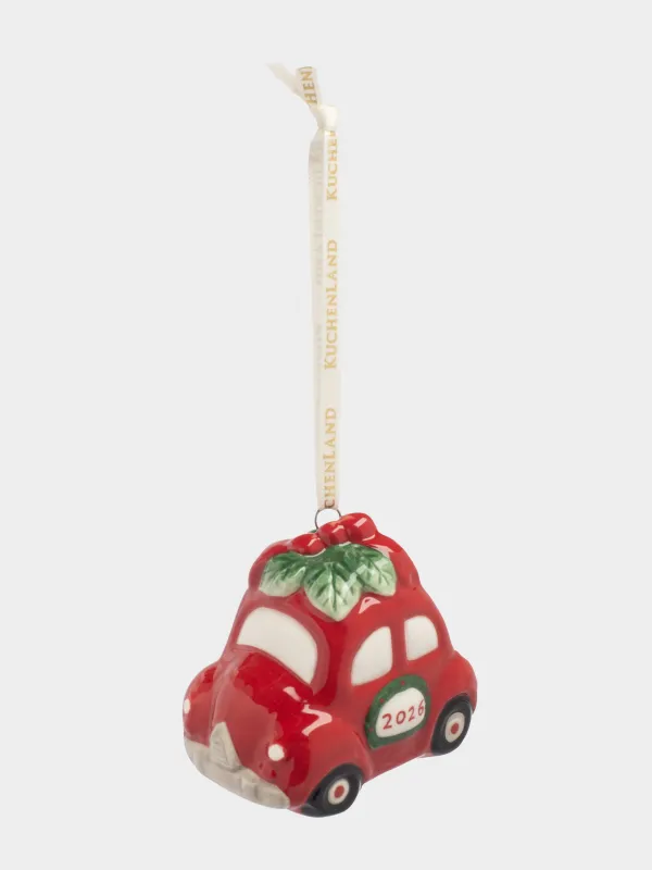 Игрушка елочная, 7 см, керамика D, красная, Машина с венком, Figure christmas, image-3