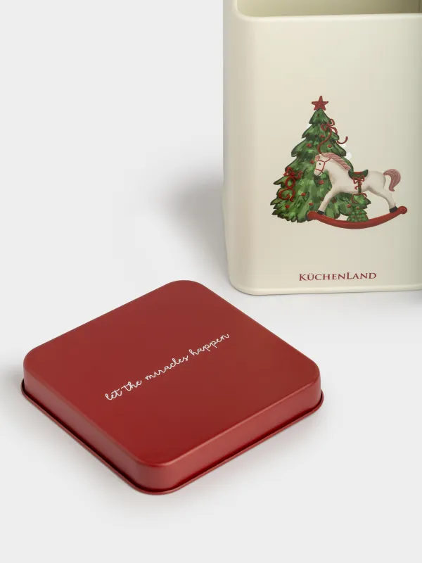 Банка для сыпучих продуктов, 1 л, металл, прямоугольная, Елка с лошадкой, Christmas tree, image-2