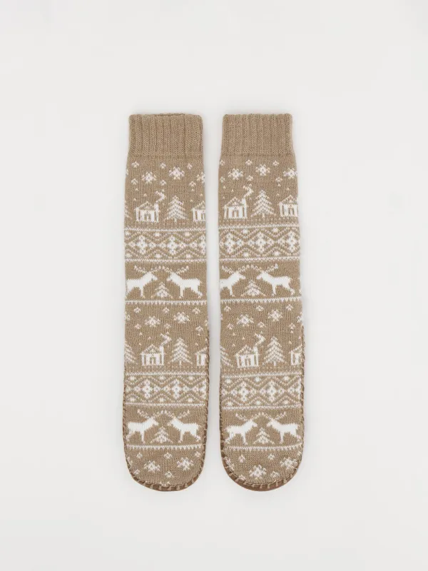 Тапочки-носки женские, домашние, акрил/полиэстер, бежево-молочные, Hot winter, image-0