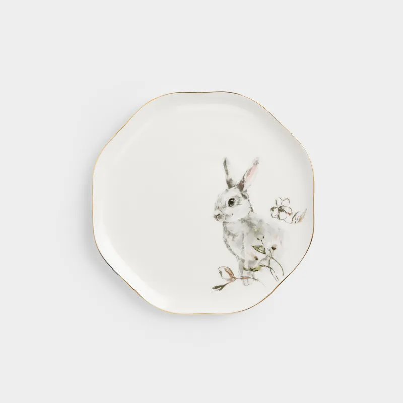 Тарелка обеденная, 28 см, фарфор F, белая, с золотистым кантом, Кролик в цветах, Easter