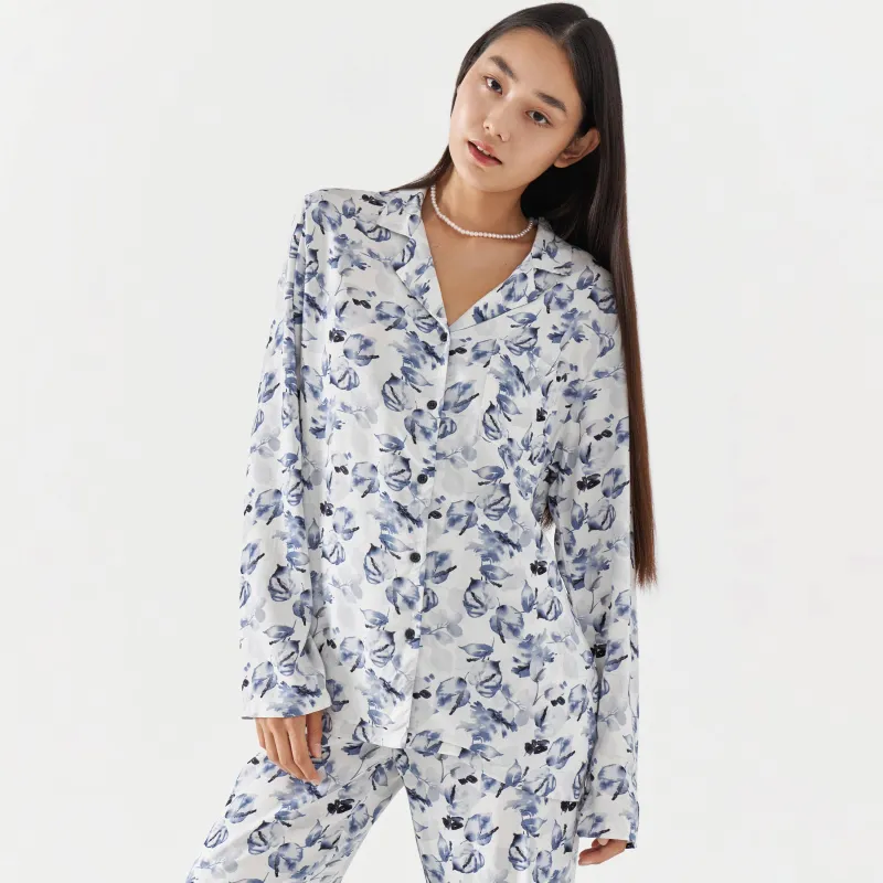 Рубашка женская, с длинным рукавом, вискоза, бело-синяя, Листья, Lori