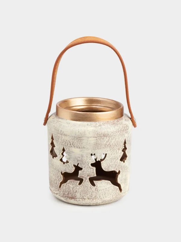 Подсвечник, 13 см, для чайной свечи, с ручкой, фарфор P, серо-коричневый, Олени, Woodland story, image-0