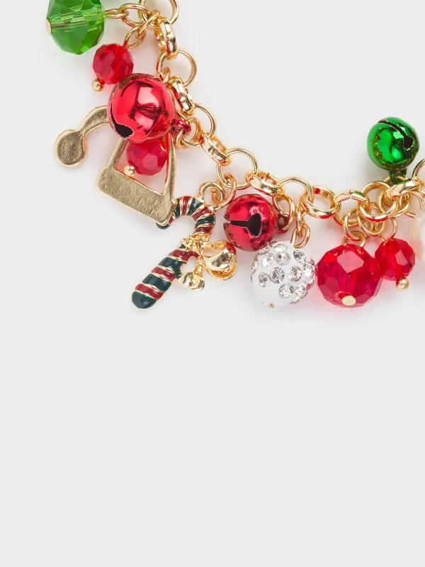 Браслет, 25 см, с подвесками, металл, золотистый, Красные и зеленые бусины, Jewelry christmas, image-4