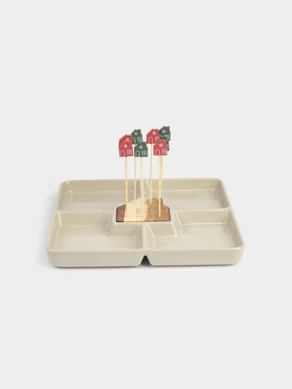 Менажница, 22 см, 4 отд, со шпажками, дерево/керамика, белая, Домик, House, image-0