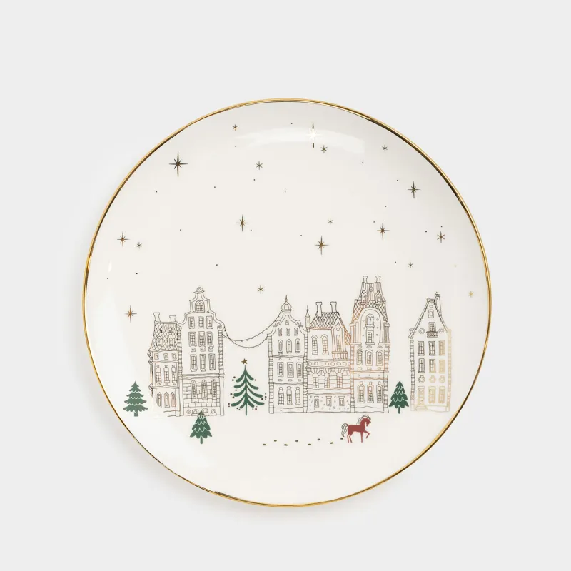 Тарелка обеденная, 27 см, фарфор N, молочно-золотистая, Домики и лошадь, Snow sparks