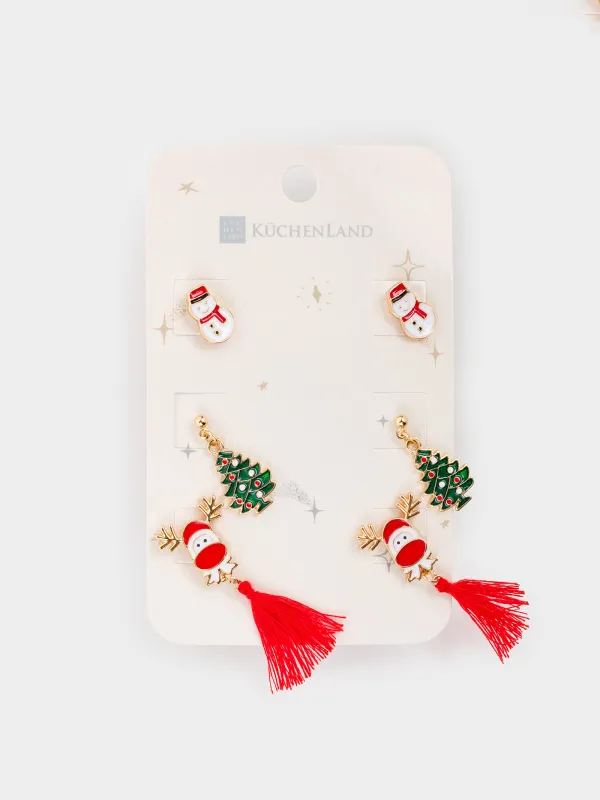 Серьги-пусеты, 1/2/4 см, 6 шт, металл, золотистые, Снеговик/Елка/Олень, Jewelry christmas, image-2