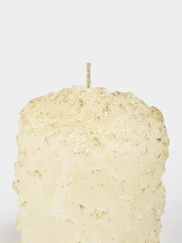 Свеча, 7х9 см, цилиндрическая, с блестками, шампань, Застывший снег, Snowy candle, image-1