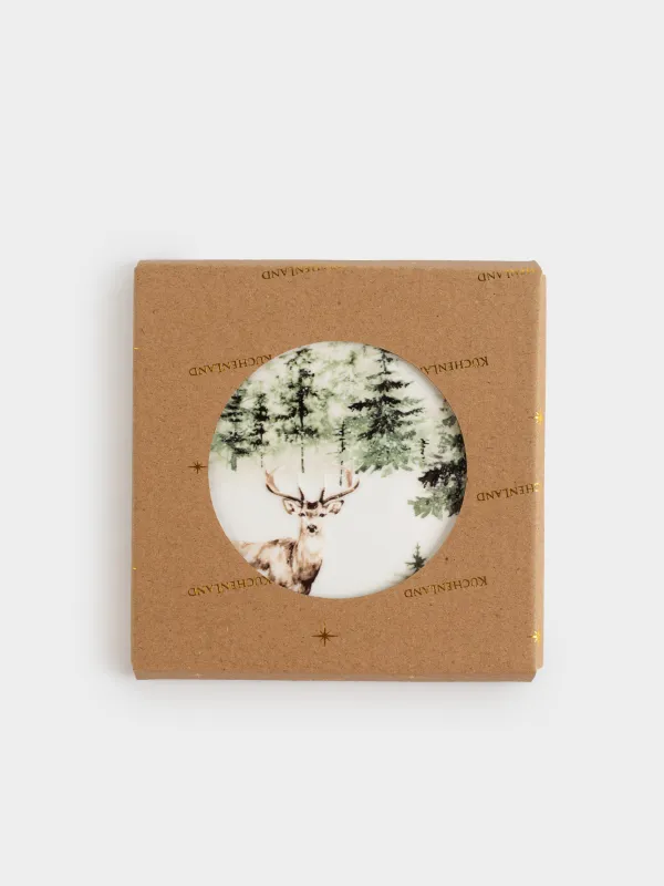 Подставка под кружку, 11х11 см, квадратная, керамика/пробка, Олень в лесу, Woodland story, image-4