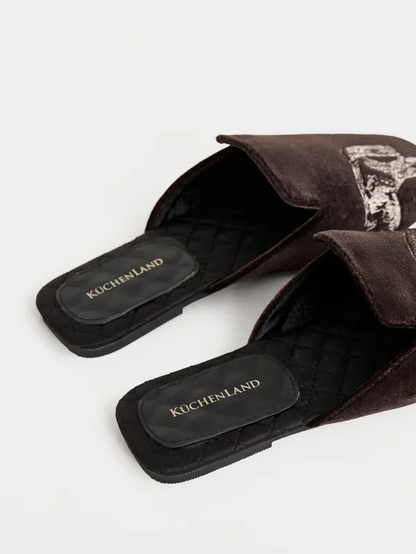 Тапочки женские, домашние, вельвет/сатин/искусственная кожа, коричневые, Лошадь, Slippers horse, image-3