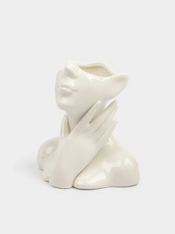 Подставка для косметических кистей, 12 см, фарфор P, белая, Руки на шее, Face, image-1