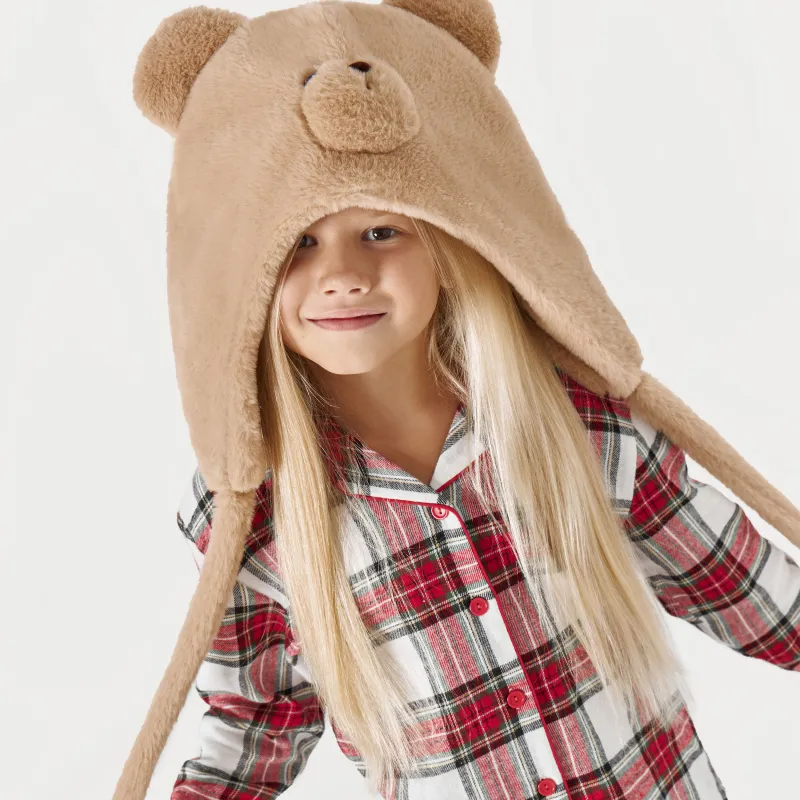 Шапка детская, единый размер, с завязками, искусственный мех, песочная, Мишка, Funny bear