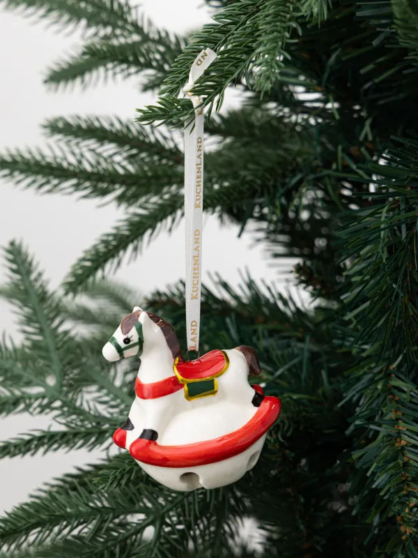 Игрушка елочная, 8 см, с колокольчиком, фарфор P/металл, бело-красная, Лошадка-качалка, Figure christmas, image-2