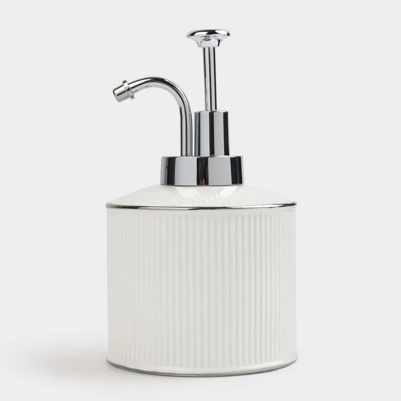 Диспенсер для жидкого мыла, 370 мл, керамика/пластик, белый, с серебристым кантом, Kaliopa