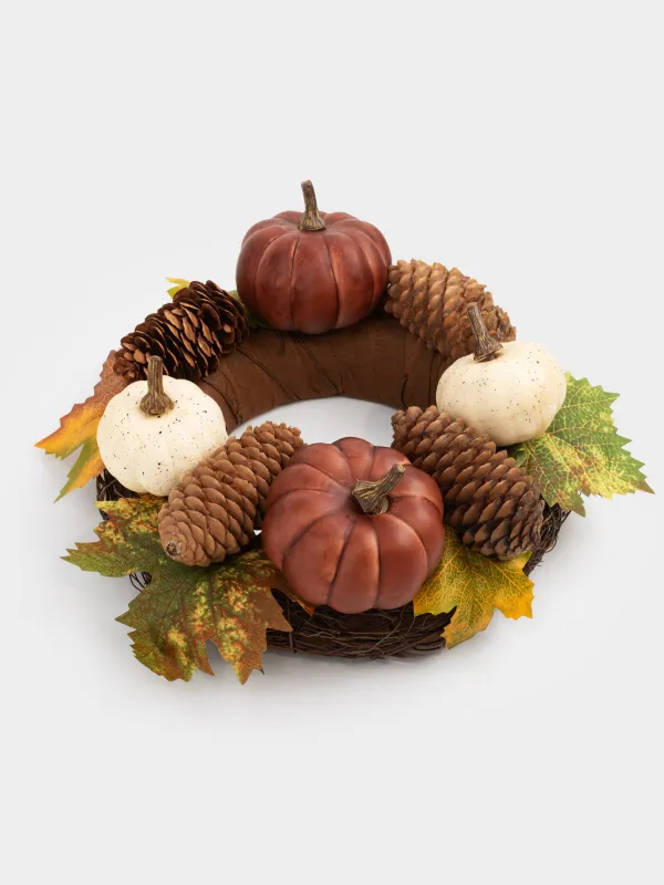 Венок декоративный, 21 см, Тыквы с шишками и листьями, Autumn fusion, image-1