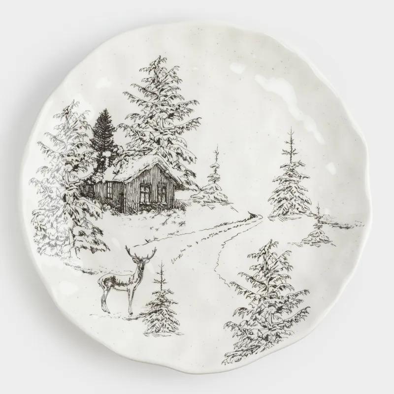 Тарелка обеденная, 28 см, керамика, белая, Олень у дома в лесу, Crumple print