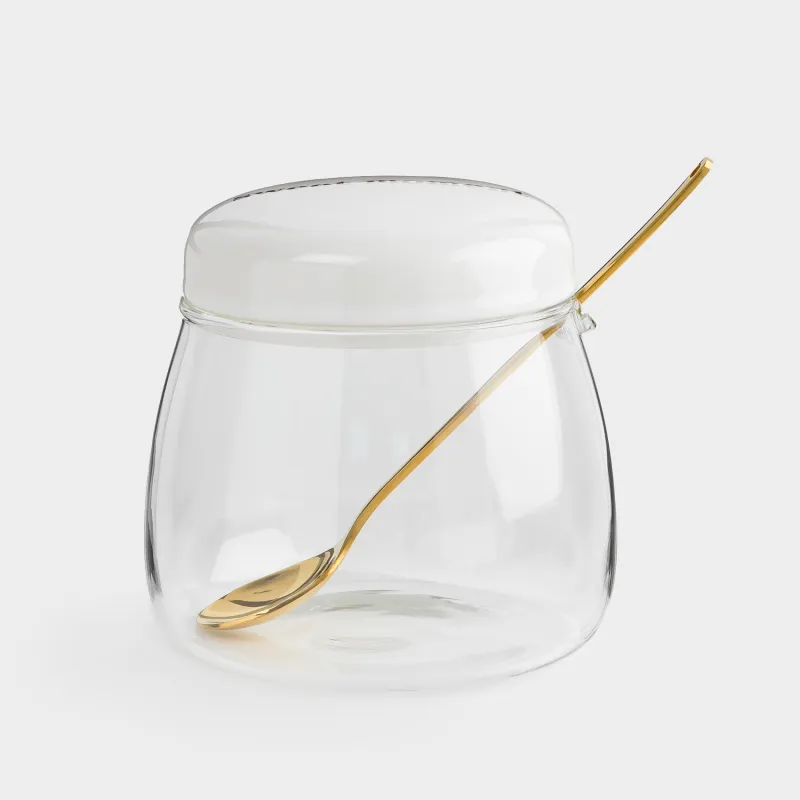 Сахарница, 10 см, 320 мл, с ложкой, стекло/сталь/керамика, молочно-золотистая, Chalet gold