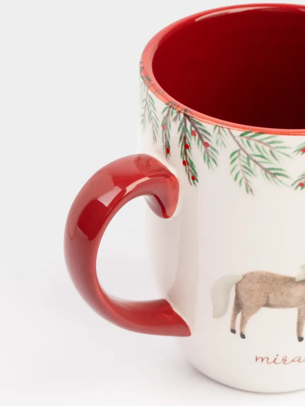 Кружка, 330 мл, керамика, бело-бордовая, Лошадки целуются, Horse christmas, image-1