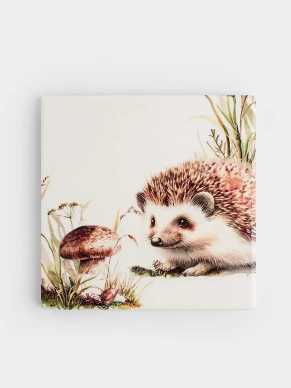 Подставка под кружку, 11х11 см, квадратная, керамика/пробка, белая, Еж, Forest hedgehog, image-0