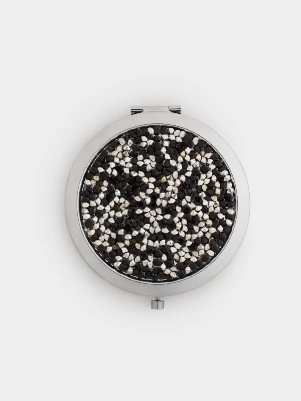 Зеркало карманное, 7 см, двустороннее, сталь, серебристое, Черные блестки, Actress, image-3