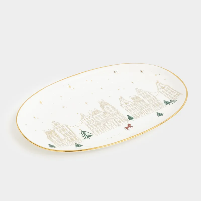 Блюдо, 32x21 см, фарфор N, овальное, молочно-золотистое, Домики и лошадь, Snow sparks