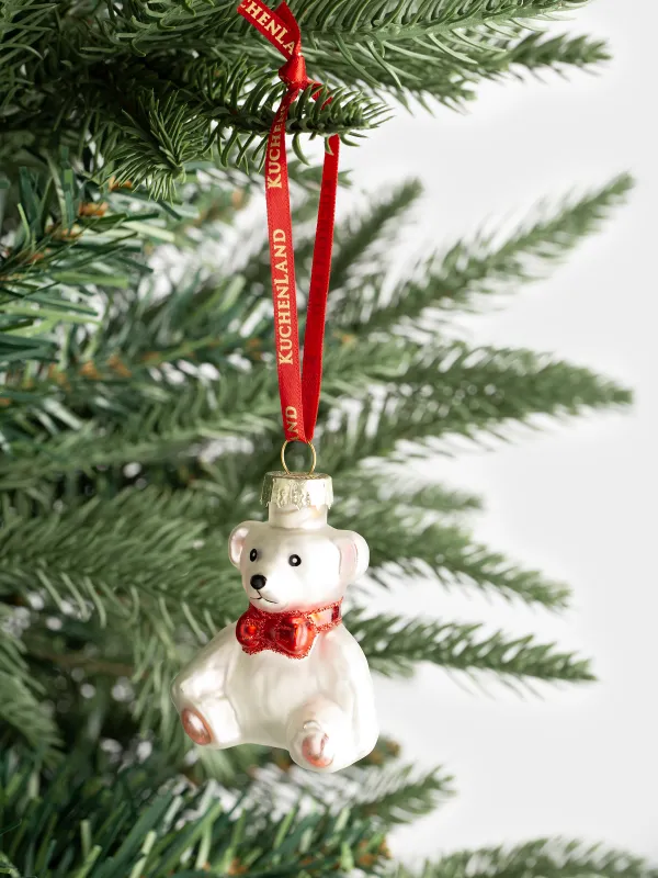 Игрушка елочная, 4 см, стекло, с блестками, белая, Медведь с бантиком, Figure christmas, image-3