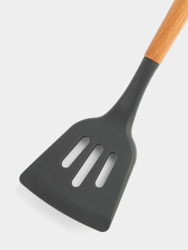 Лопатка, 32 см, с прорезями, силикон/дерево, серая, Weekend, image-2